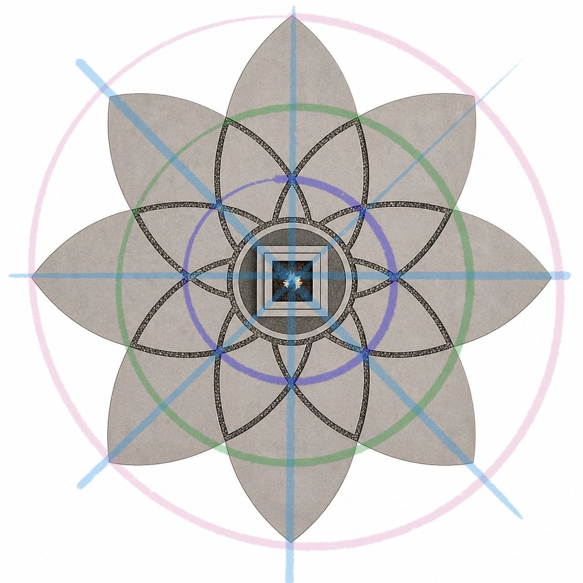 Construction drawing of the 28-foot concrete Lotus by Dorian Dégagé — eight petals set under flower-of-life geometry around a square pyramidal center